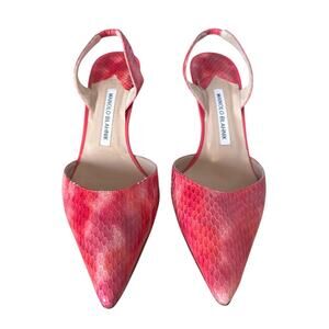 Manolo Blahnik Pink Snakeskin Leather Carolyne Slingback Pointed Toe Pump 39.5